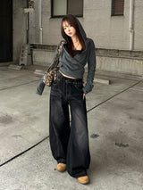 ボリュームカーブシルエットワイドデニムパンツ - ブラック