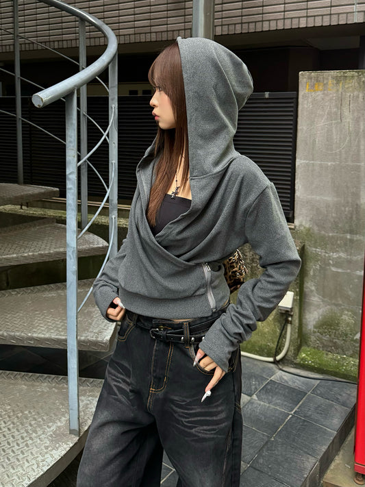 カシュクールフーディークロップドカットソー