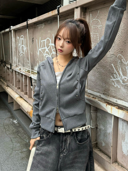 スタッズダブルジップリブパーカー