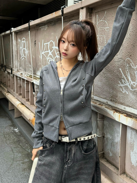 スタッズダブルジップリブパーカー