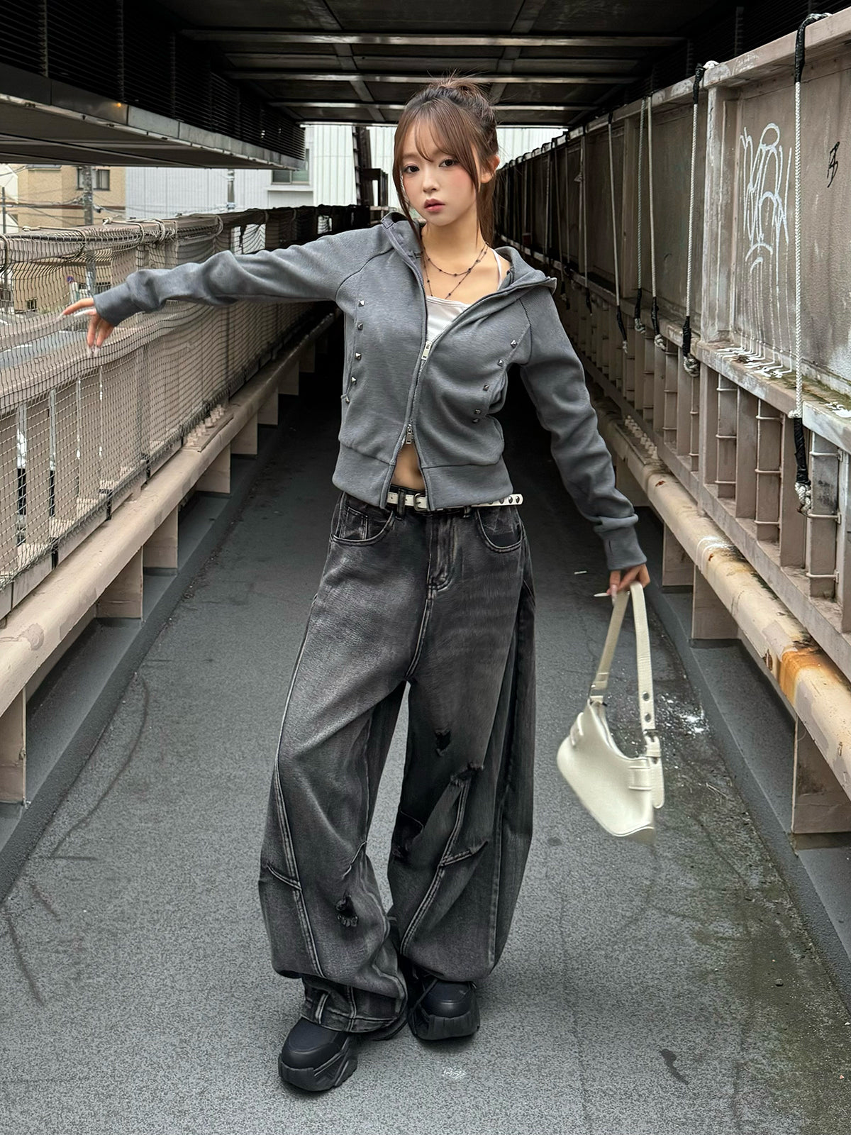 スタッズダブルジップリブパーカー