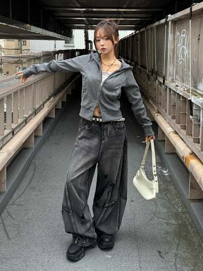 スタッズダブルジップリブパーカー