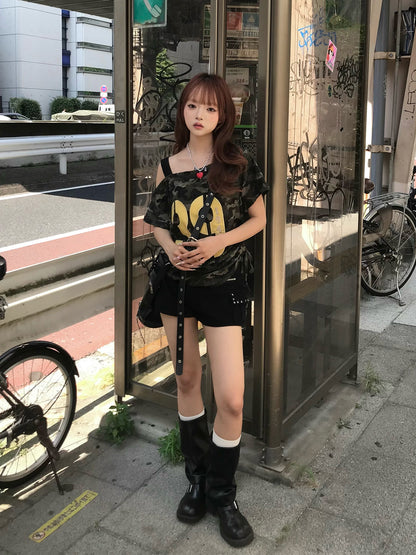 カモフラダメージワンショルTシャツ