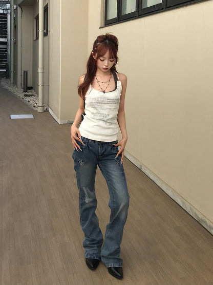 ローライズストーンセミフレアデニムパンツ