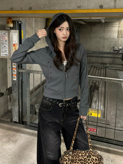 スタッズダブルジップリブパーカー