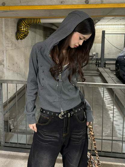 スタッズダブルジップリブパーカー