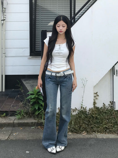 ローライズストーンセミフレアデニムパンツ