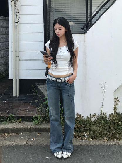 ローライズストーンセミフレアデニムパンツ