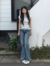 ローライズストーンセミフレアデニムパンツ - ブルー