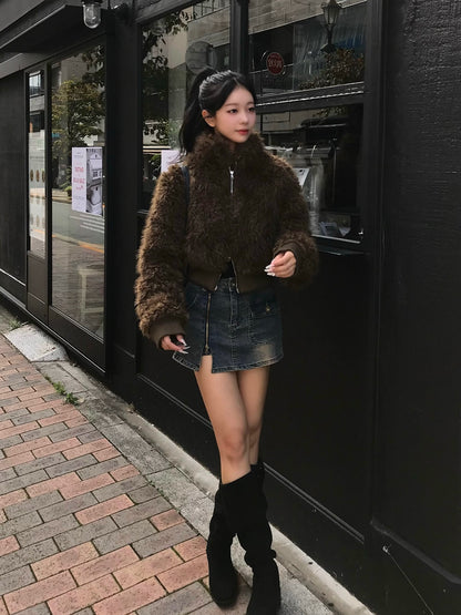 Zipper Wash Denim Mini Skirt