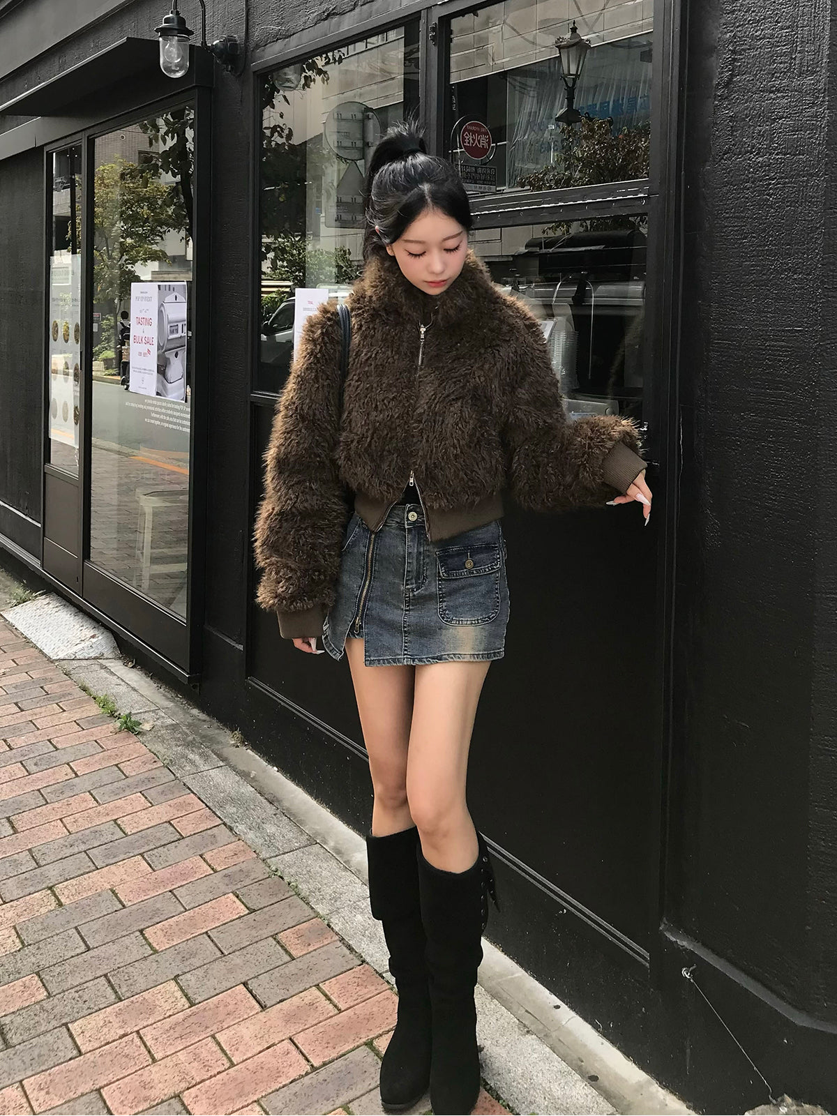 Zipper Wash Denim Mini Skirt