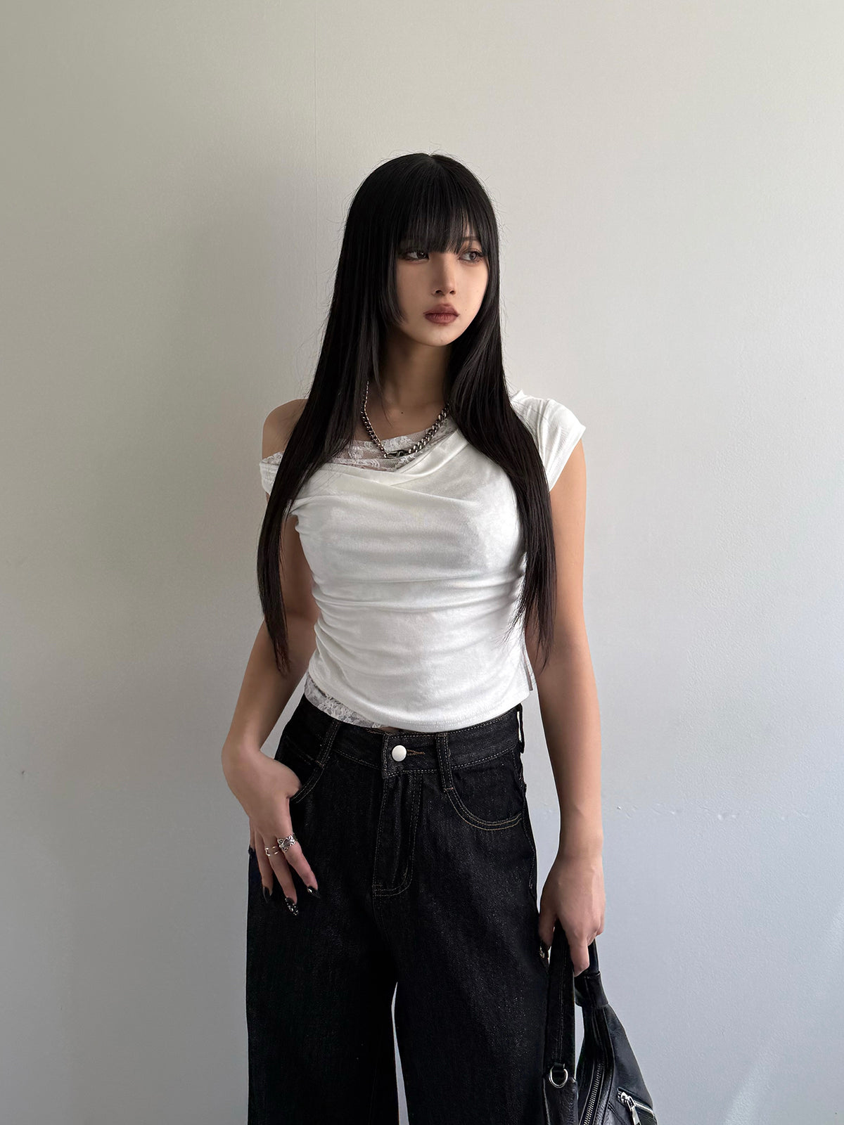 アシメレースレイヤードTシャツ