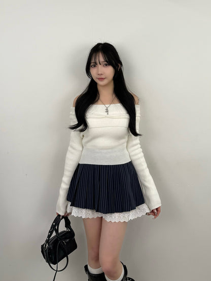 蕾絲分層條紋迷你裙