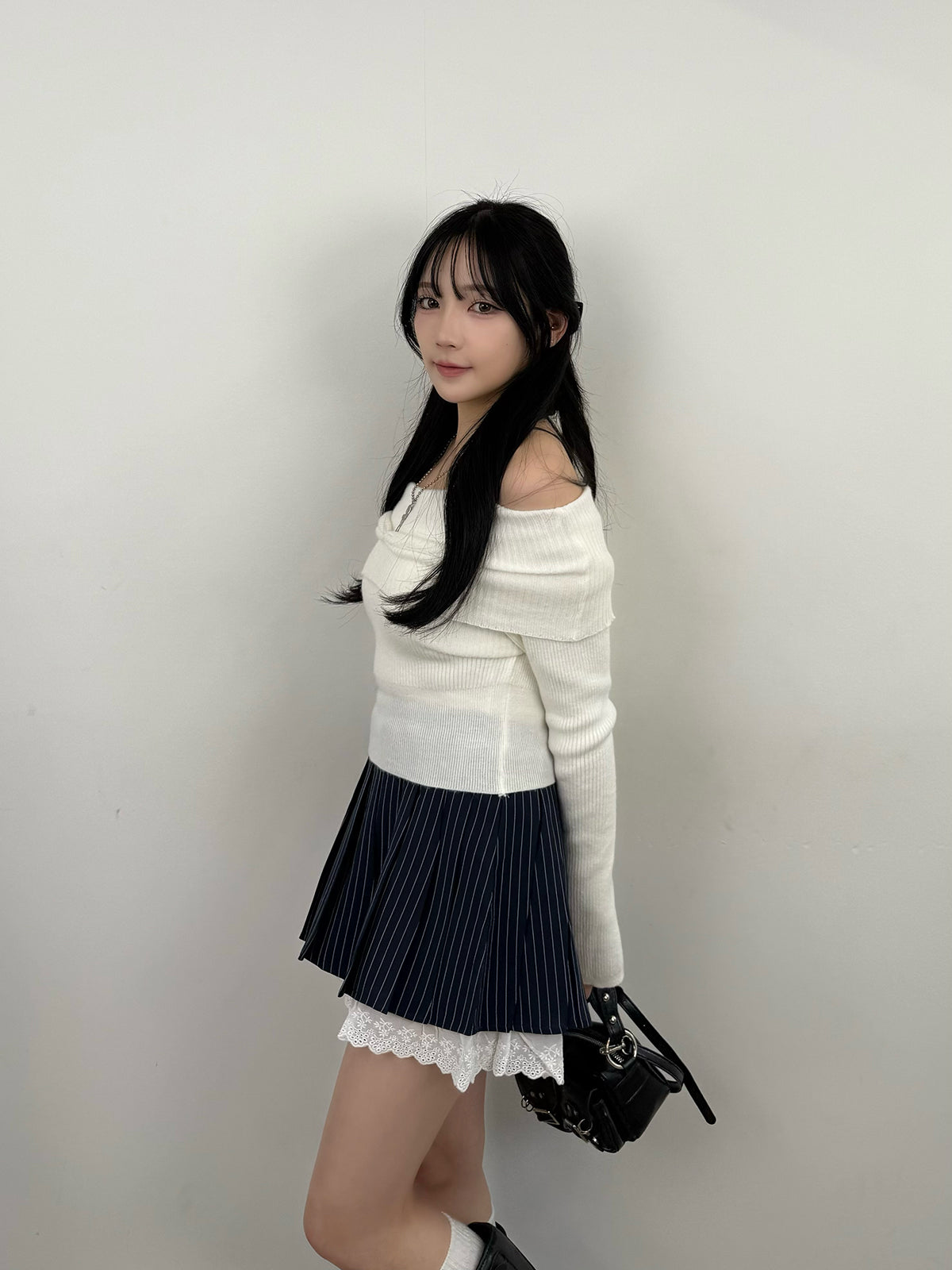 蕾絲分層條紋迷你裙