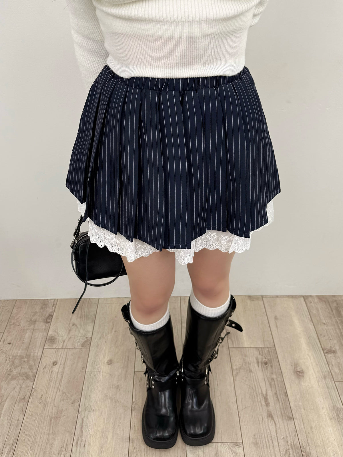 蕾絲分層條紋迷你裙