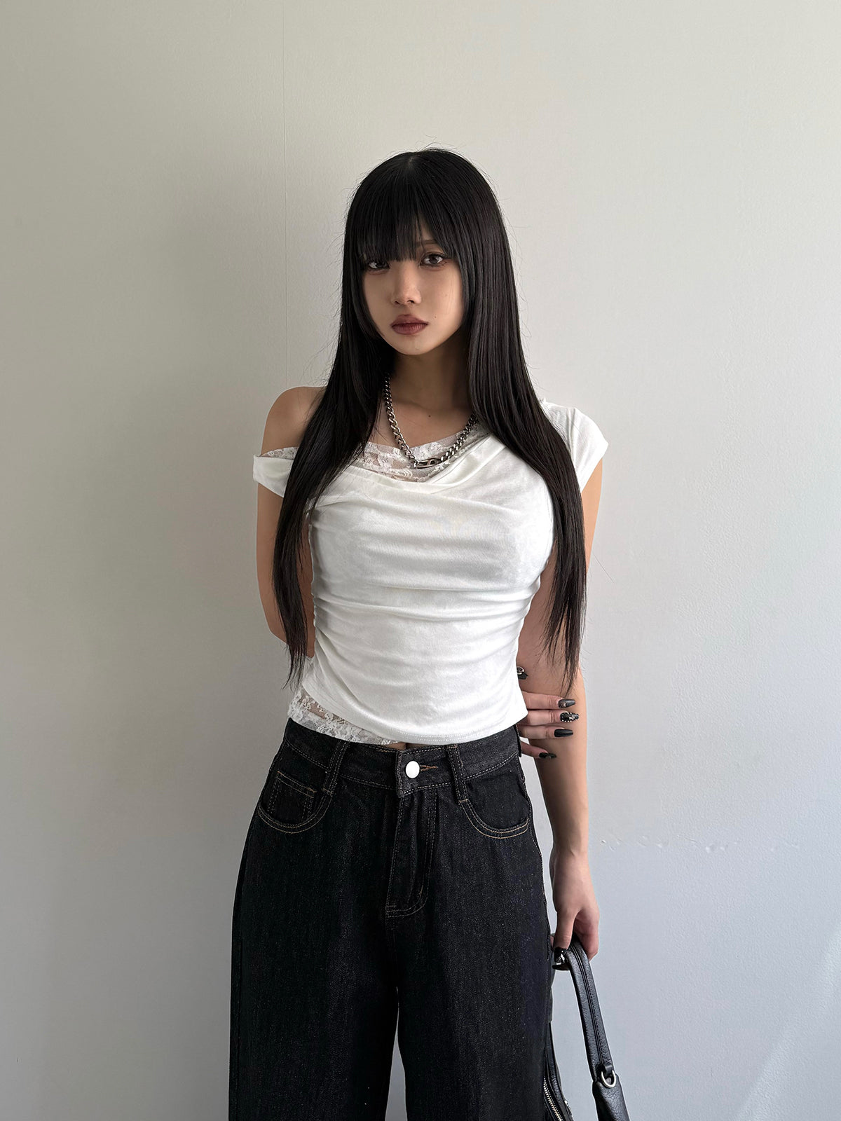 アシメレースレイヤードTシャツ