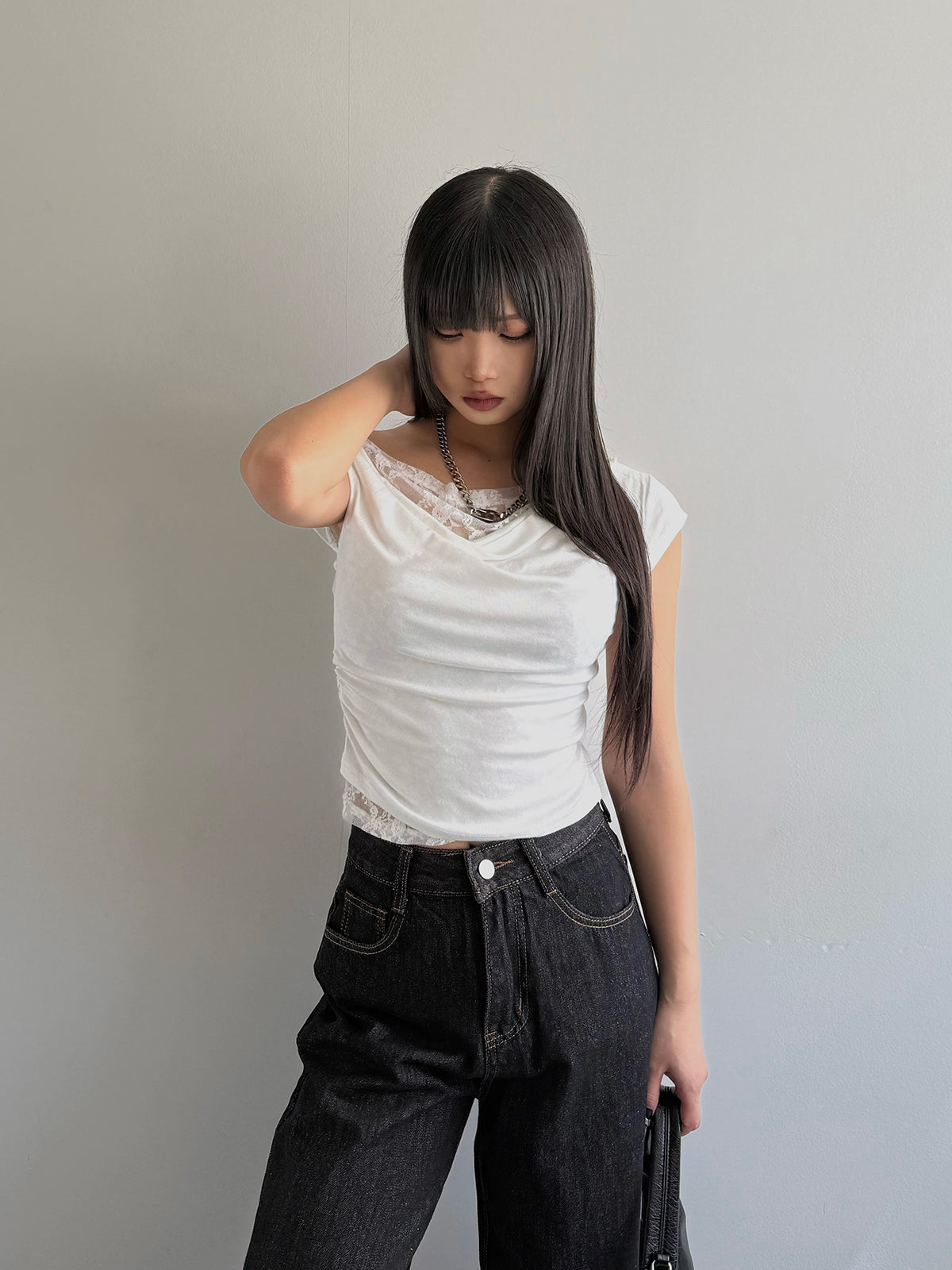 アシメレースレイヤードTシャツ