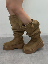 スエードライクプラットフォームブーツ - ベージュ