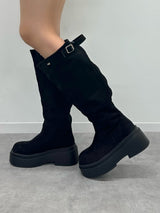 スエードライクプラットフォームブーツ - ブラック