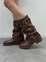 侧带中筒靴 - ブラウン