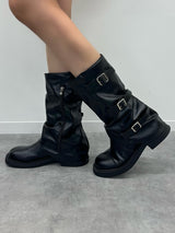 侧带中筒靴 - ブラック
