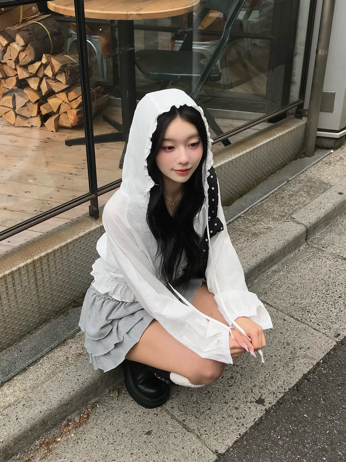4/17★Lace Hood Chiffon Blouse