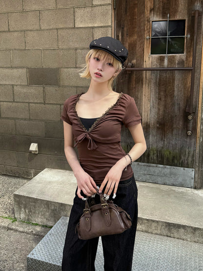 レースVネックレトロブラウンTシャツ