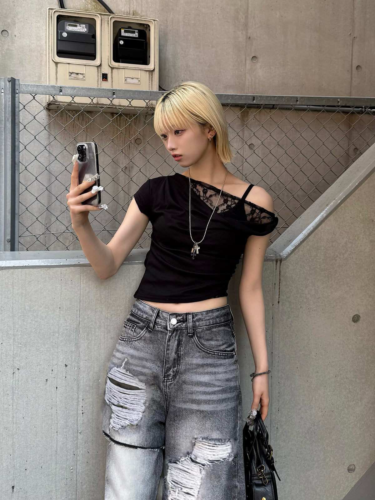 アシメレースレイヤードTシャツ