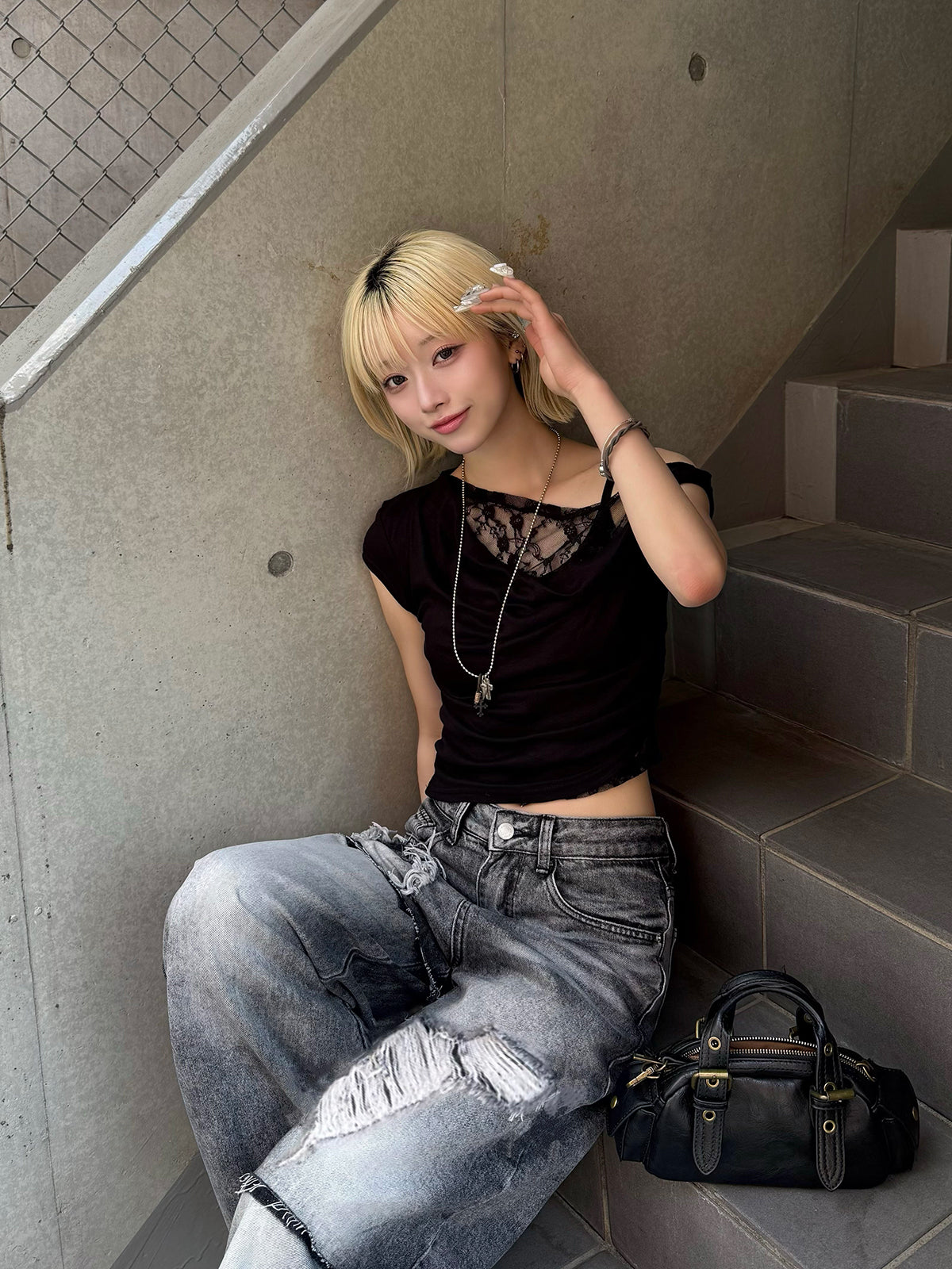アシメレースレイヤードTシャツ