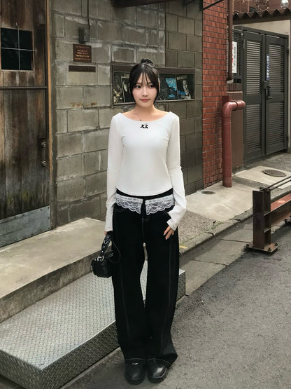 ドッキングレースフリルデニムパンツ