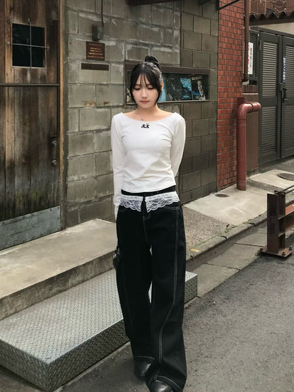 ドッキングレースフリルデニムパンツ