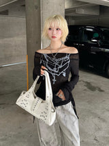 ネックレスデザインオフショルシアーカットソー - ブラック