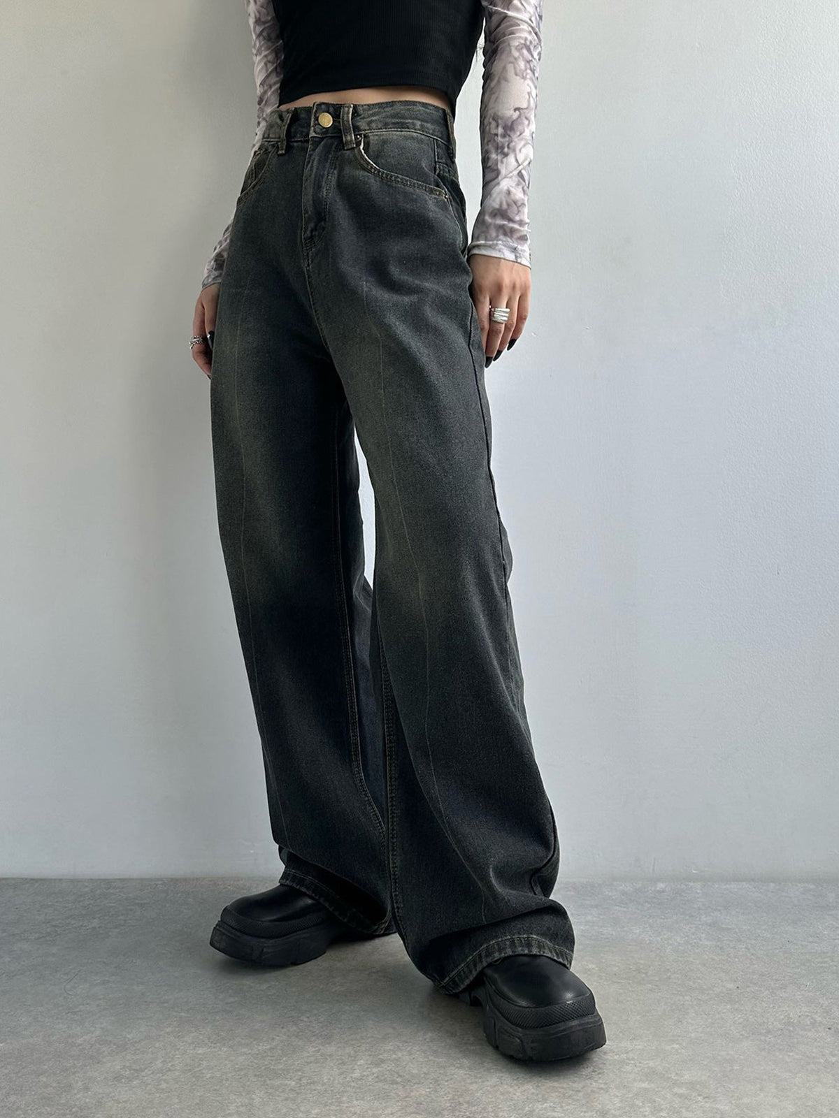 High waist washed denim pants