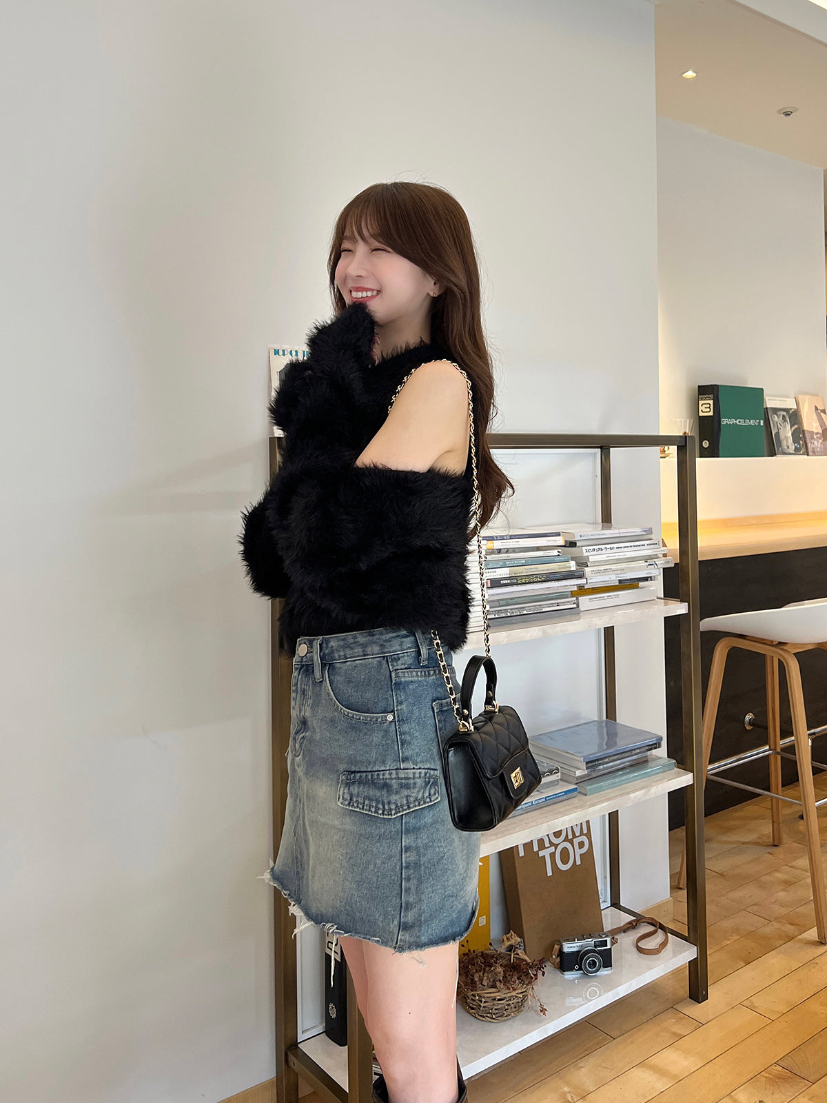 포켓 디자인 데님 미니 스커트