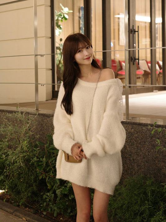 レースリボンチュニックニット