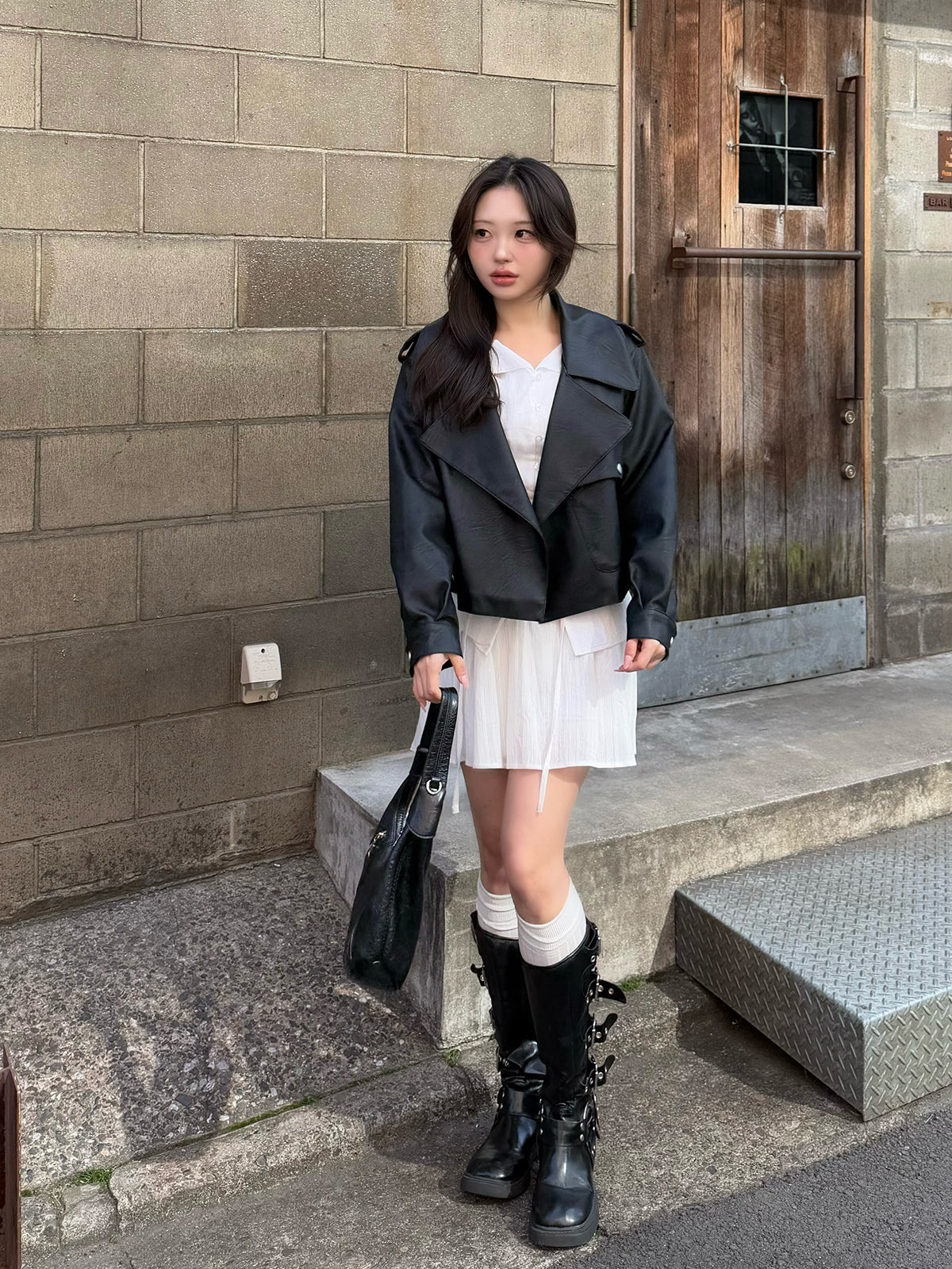 皮革触感大翻领夹克