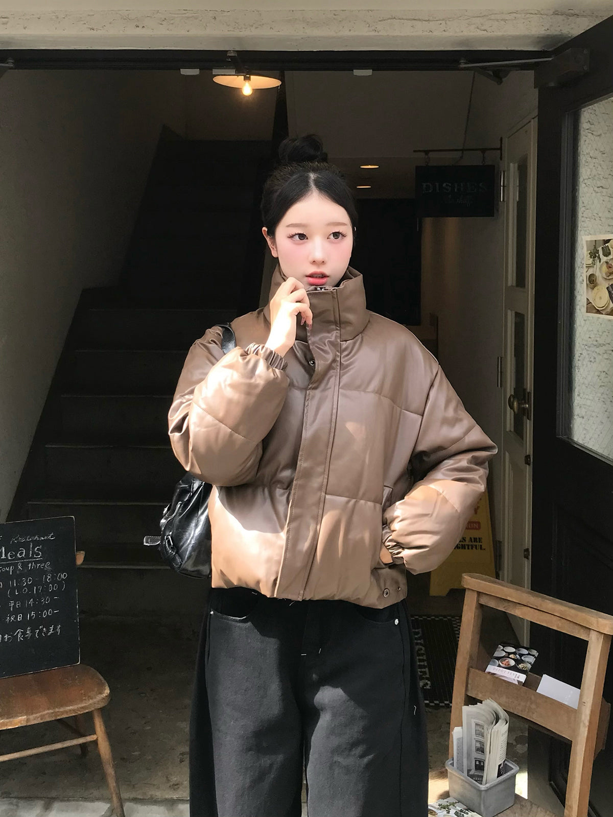 レザータッチパデッドショートブルゾン