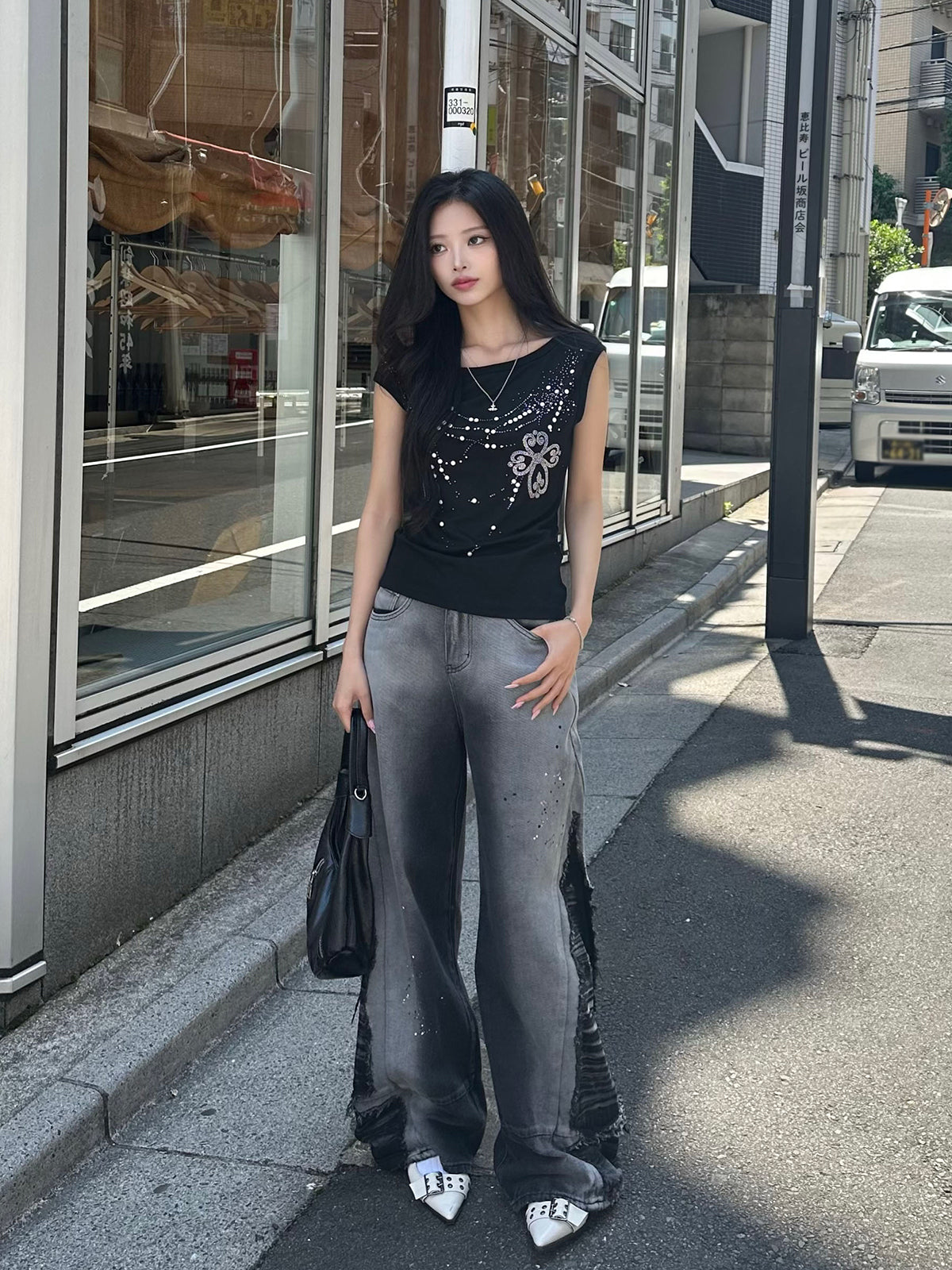 スリットデザインペイントデニムパンツ