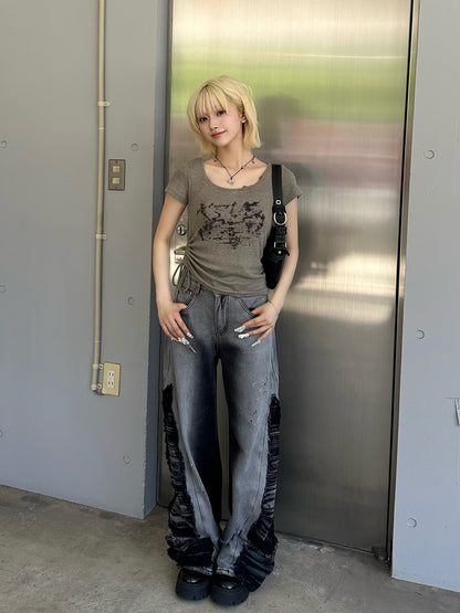 スリットデザインペイントデニムパンツ
