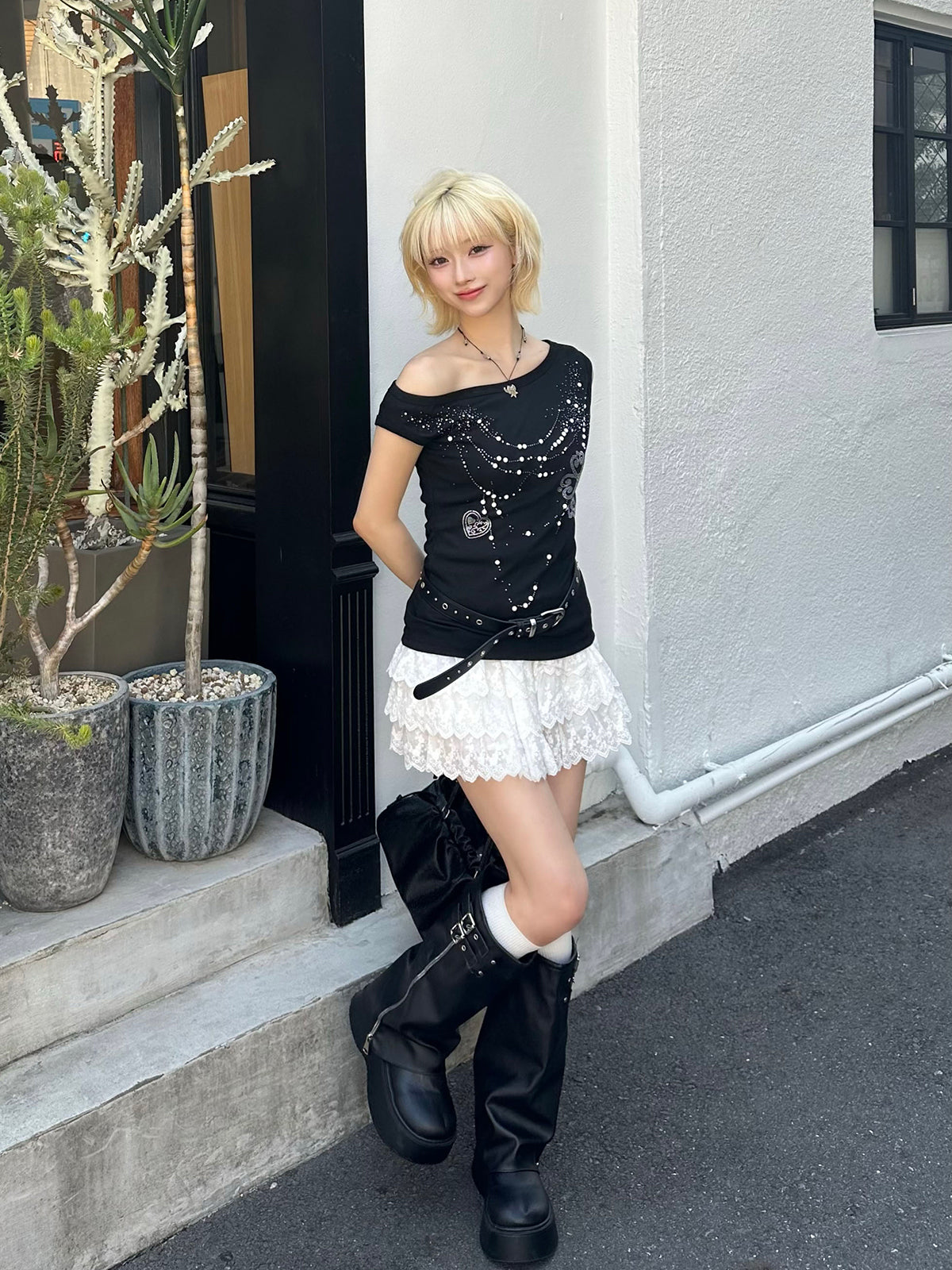 フラワーレースティアードミニスカート