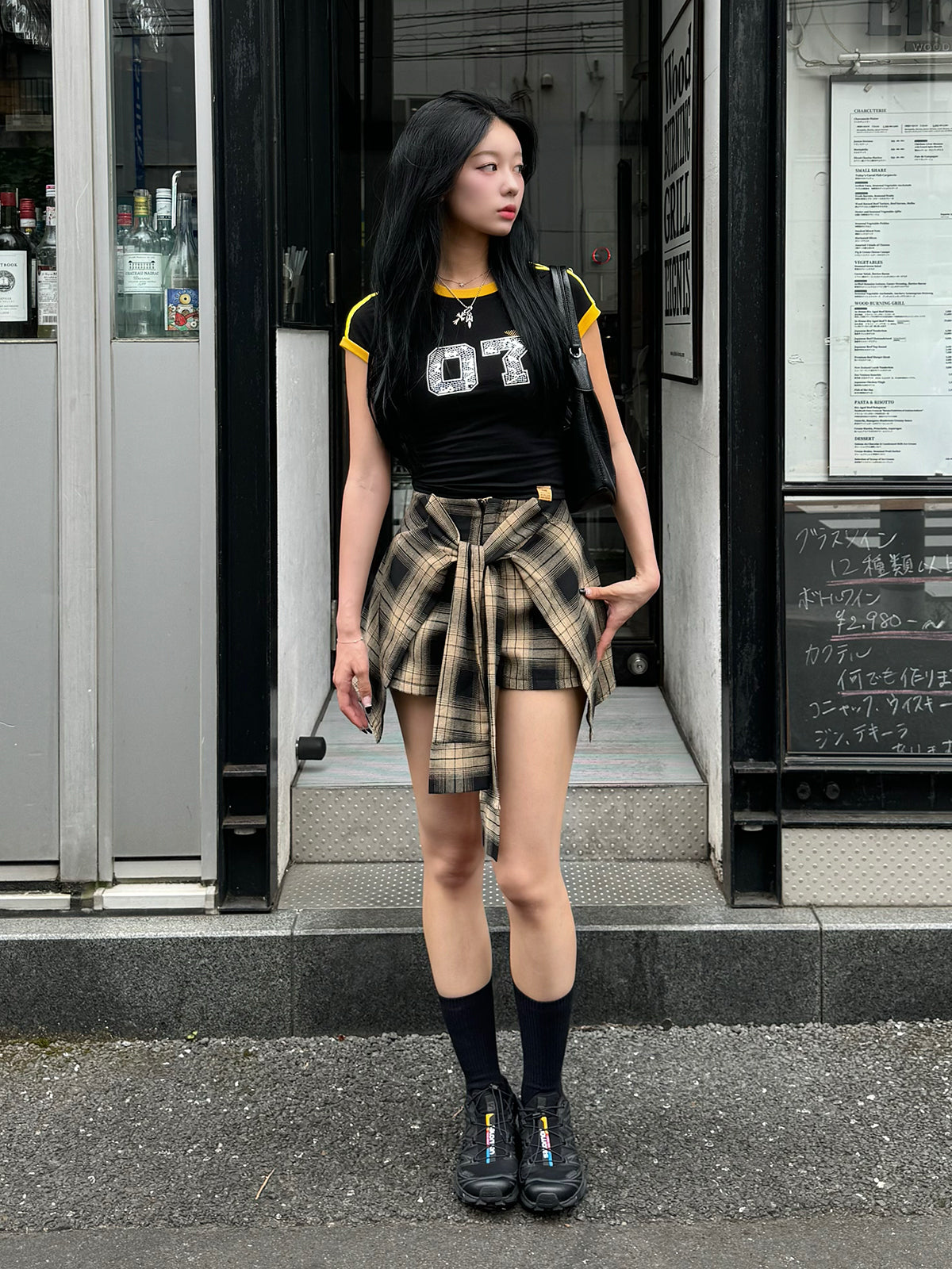 Waist design check short pants