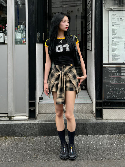 Waist design check short pants