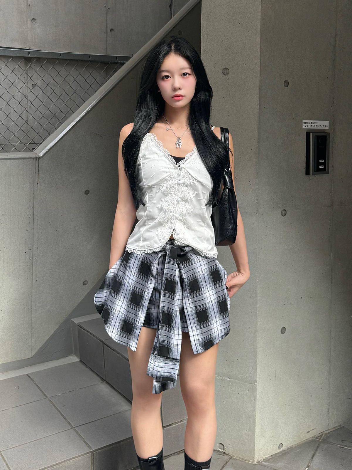 Waist design check short pants