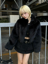 ファーライクスタンドショートブルゾン - ブラック