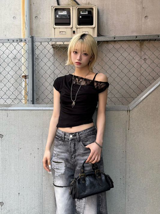 アシメレースレイヤードTシャツ