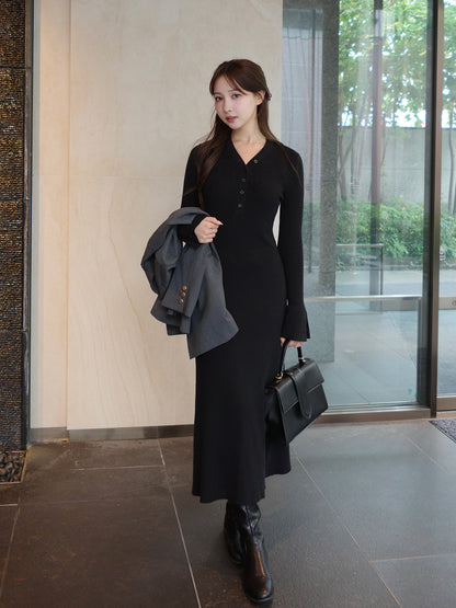 フロントボタンフレアニットワンピース【11月下旬予約】