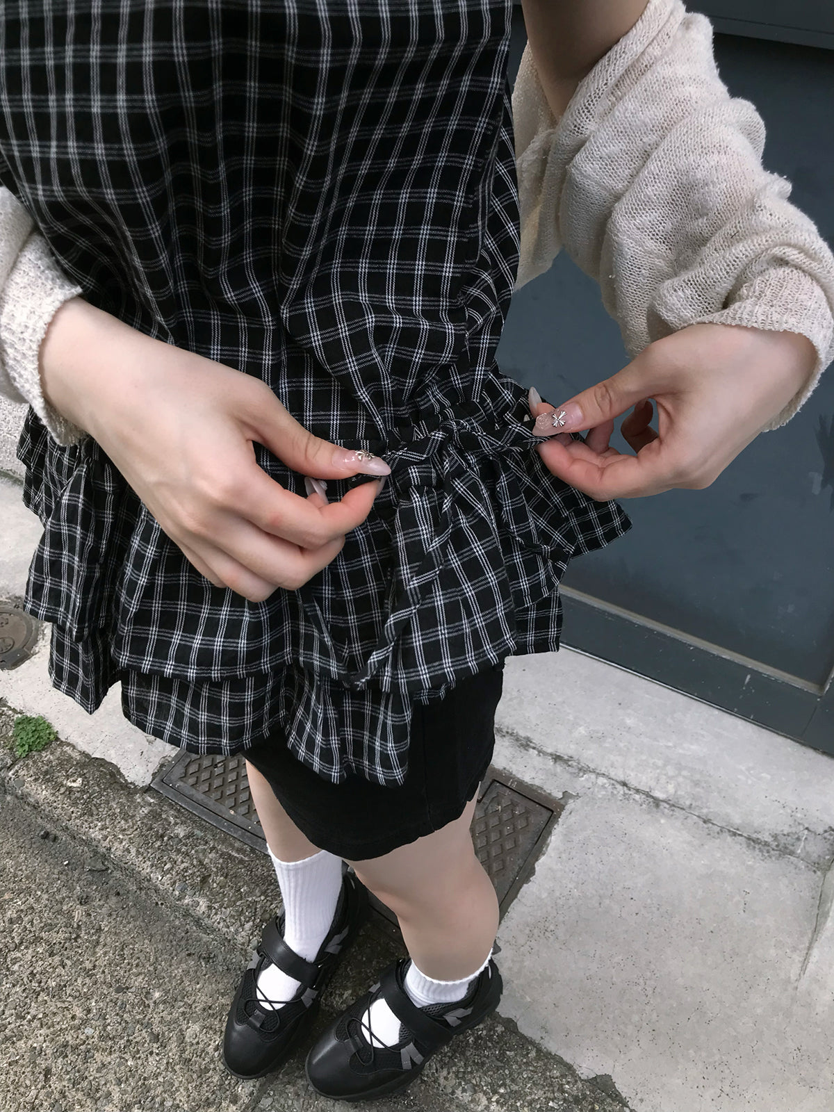 グラフチェックフリルチュニック