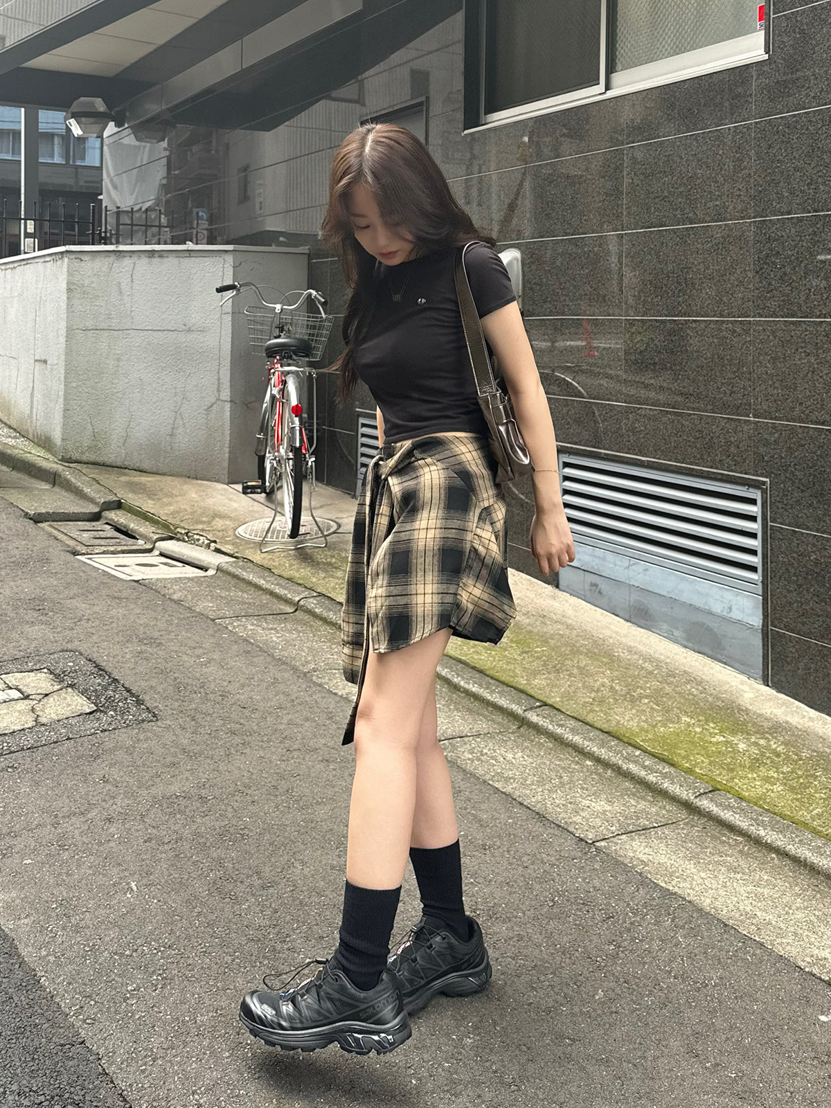 Waist design check short pants