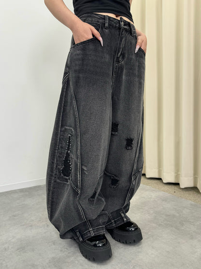 ダメージバレルレッグデニムパンツ