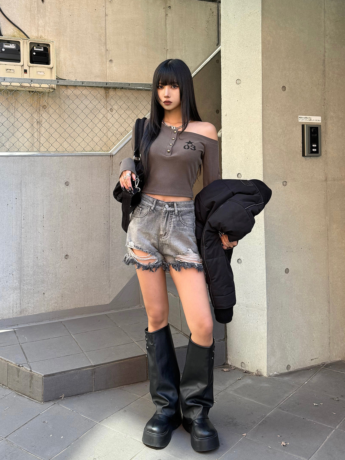 Henry Neck Cropped One-Shoulder Cut and Sew